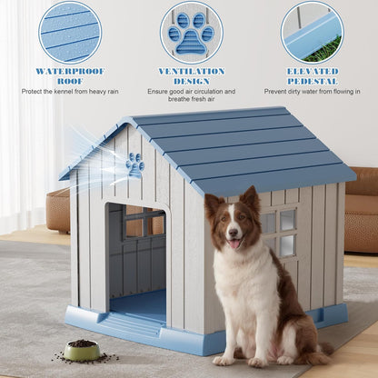 Large Dog House Outdoor Indoor for Medium Large Dogs, Durable Plastic Waterproof Doghouse with Air