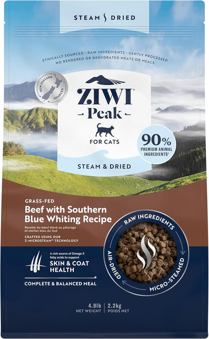 ZIWI Peak Steam & Dried Cat Food – Beef w/Southern Blue Whiting Fish - High Protein, Skin & Coat