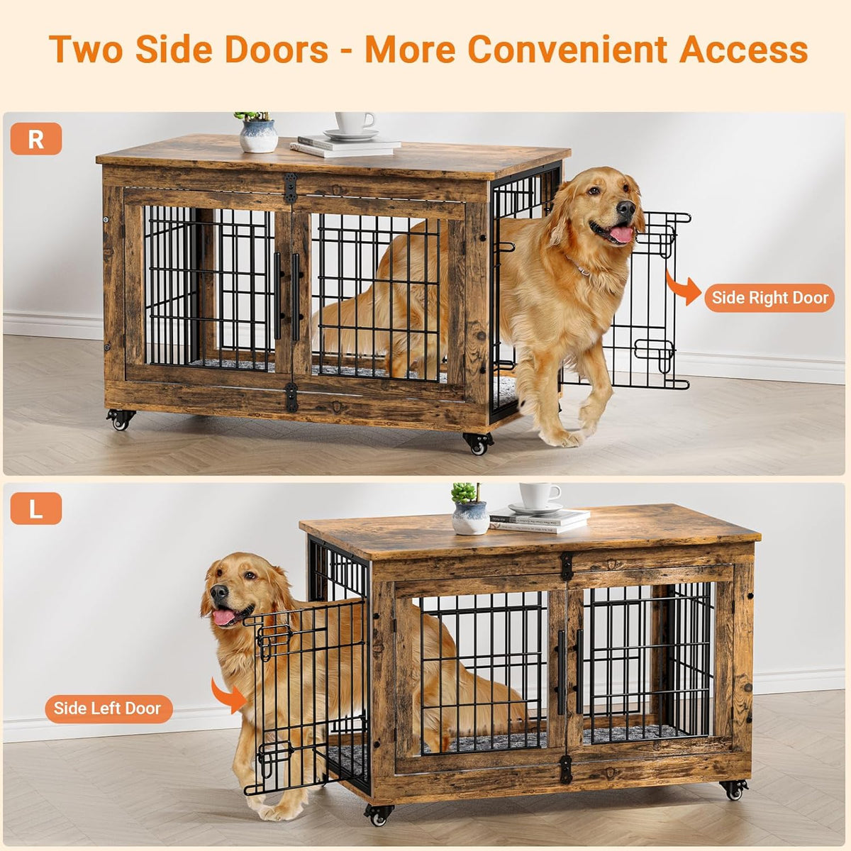 Lulive Dog Crate Furniture, Dog Kennel Indoor Double Doors Wooden Dog Cage, 38'' Heavy Duty Dog
