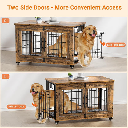 Lulive Dog Crate Furniture Set of 2, Dog Kennel Indoor Double Doors Wooden Dog Cage, 38'' Heavy