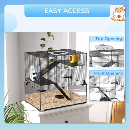 PawHut Large Hamster Cage with Deep Tempered Glass Bottom, 3 Tiers Hamster Tank with Running Wheel