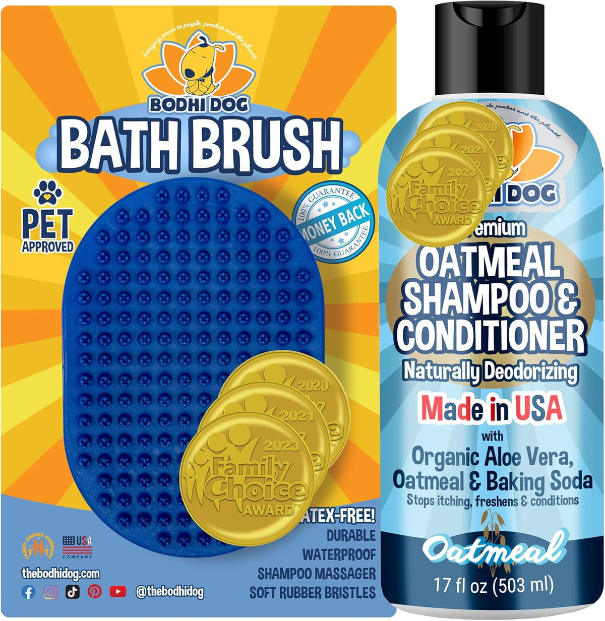 Bodhi Dog Grooming Bundle - Oatmeal Shampoo & Conditioner with Bath Brush - Pet Shower Supplies for