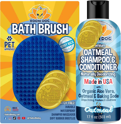 Bodhi Dog Grooming Bundle - Oatmeal Shampoo & Conditioner with Bath Brush - Pet Shower Supplies for