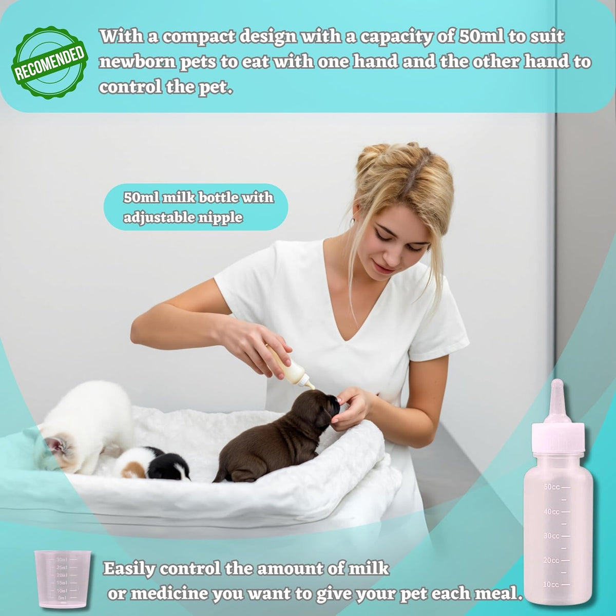 Newborn & Senior Pet Feeding Kit, Kitten/Puppy Bottle (50ml), Syringe with Silicone Nipple, Oral