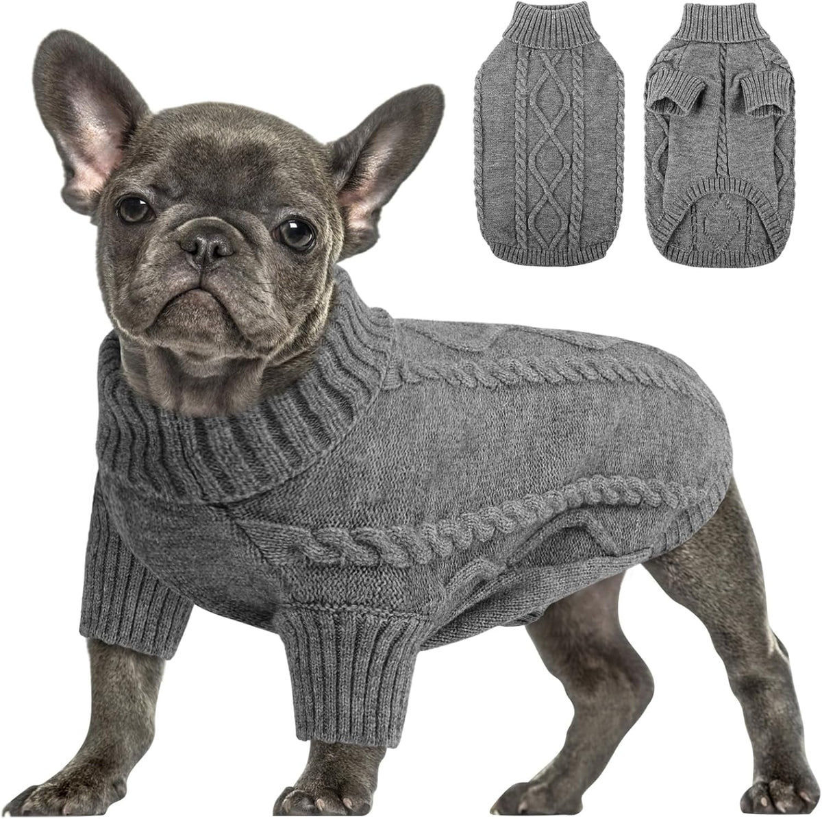 Queenmore Small Dog Pullover Sweater, Cold Weather Cable Knitwear, Classic Turtleneck Thick Warm