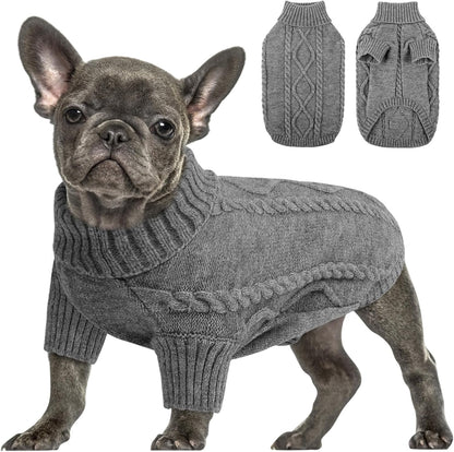 Queenmore Small Dog Pullover Sweater, Cold Weather Cable Knitwear, Classic Turtleneck Thick Warm