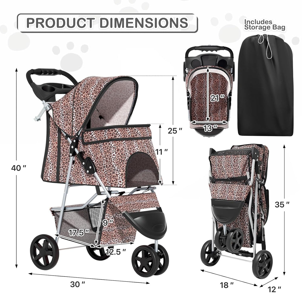 MoNiBloom 3 Wheels Pet Dog Cat Stroller for Small Medium Dogs Cats, Lightweight Foldable Jogger