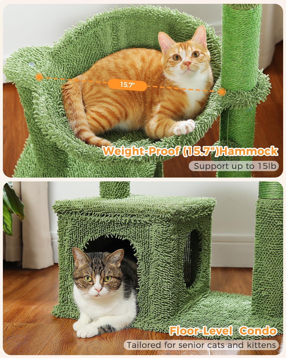 Cactus Cat Tree 40" Cat Tower with Large Metal Carpet Hammock, Cat Scratching Post for Indoor Cats