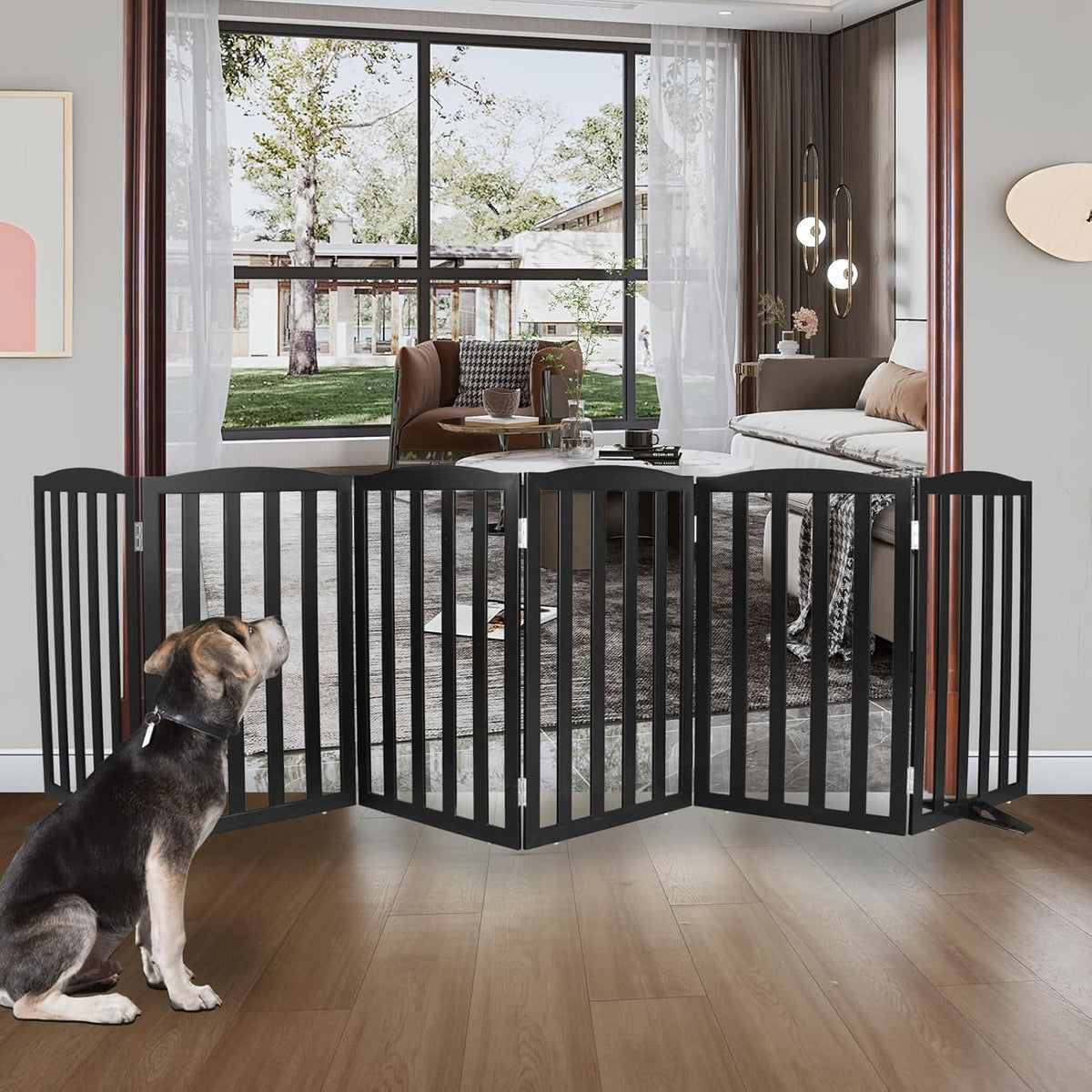 ZJSF Foldable Freestanding Indoor Dog Gate for House Wood Long Pet Gates Dog Fence for Stairs Puppy