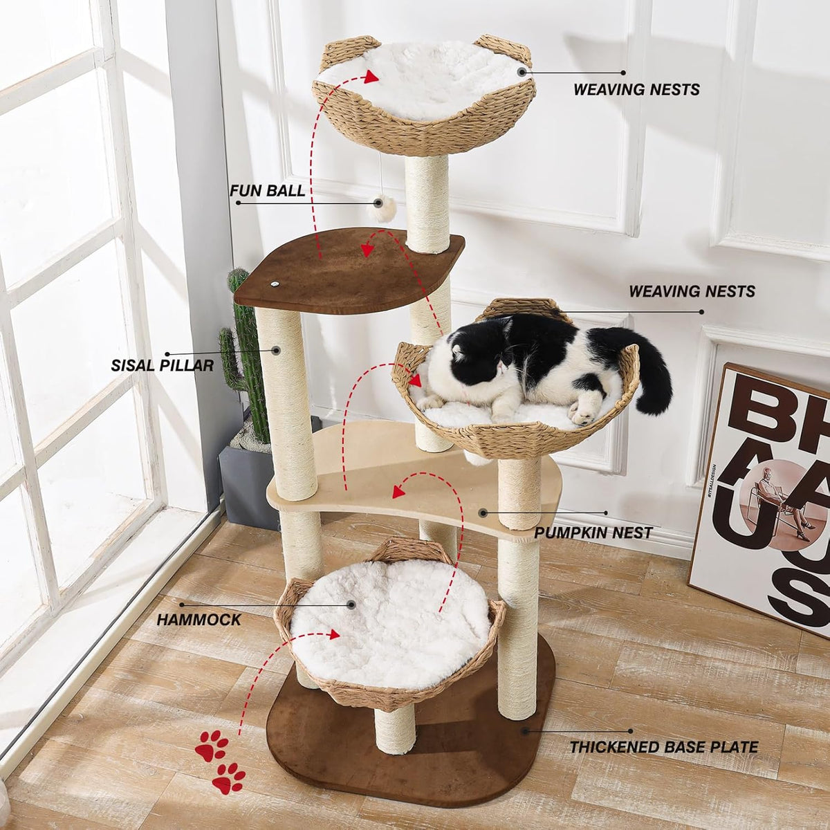 Big Modern Design Cat Tree Tower with White Cloud Mat, Unique Cat Supplies Tower with Scratching
