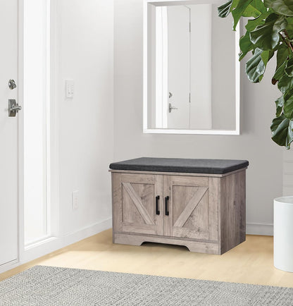 2-Tier Storage Bench, Shoe Bench with Padded Seat Cushion, Entryway Bench with 2 Barn Doors