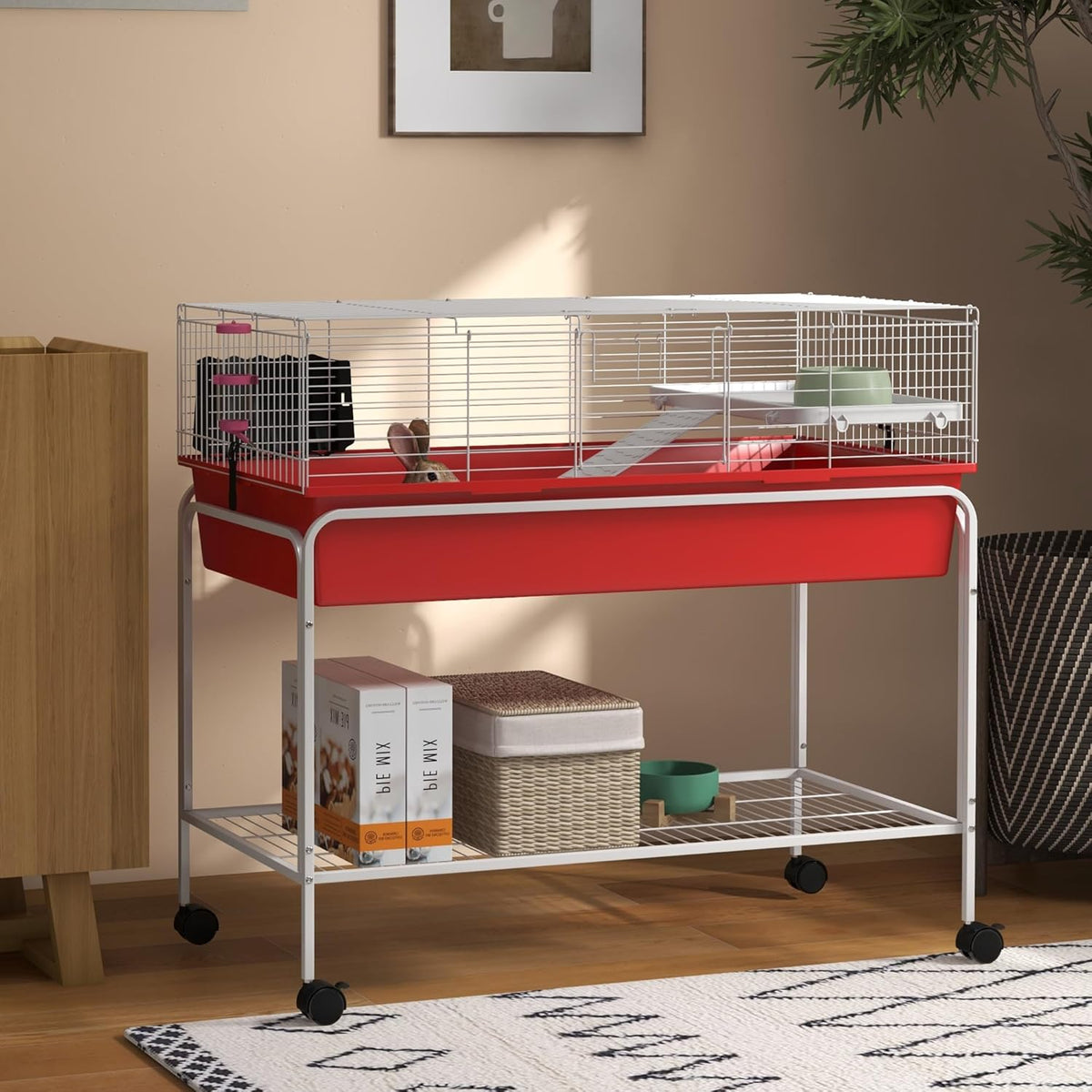 PawHut Two-Story Small Animal Cage Removable from Stand, Guinea Pig Cage with Shelf & Wheels, Pet