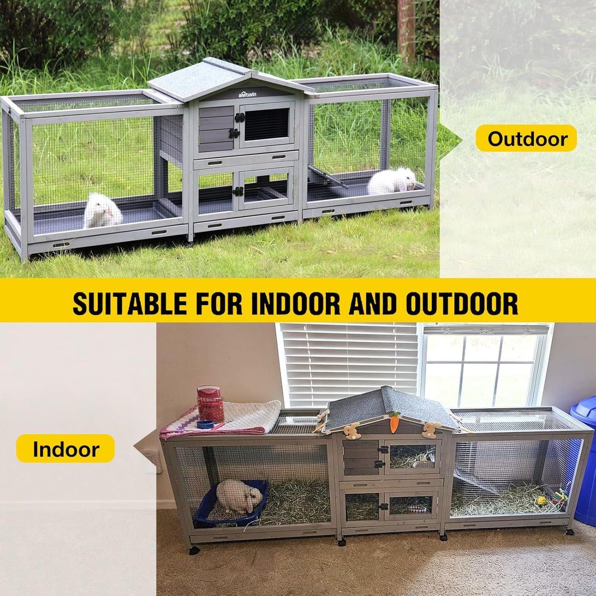 Aivituvin Rabbit Hutch Large 2-Story Bunny Cage Indoor Outdoor on Wheels Bunny House with
