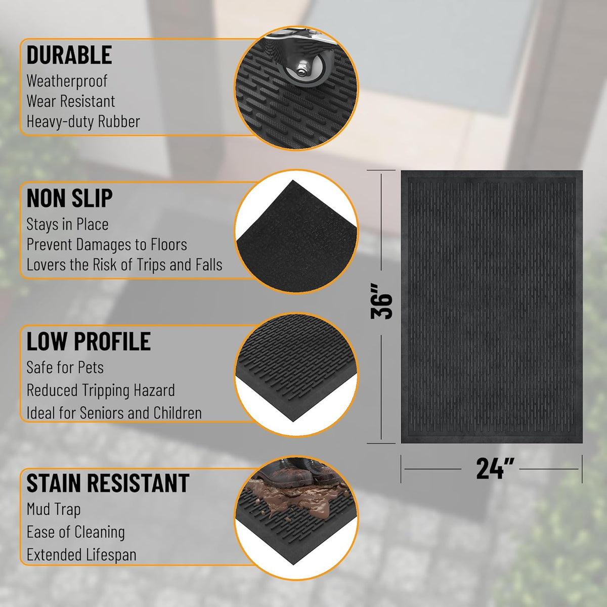 Indoor/Outdoor Hose-Wash Ribbed Design Non-Slip Rubber 2x3 Modern Entryway Mat for Entryway, Patio