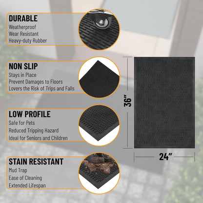 Indoor/Outdoor Hose-Wash Ribbed Design Non-Slip Rubber 2x3 Modern Entryway Mat for Entryway, Patio
