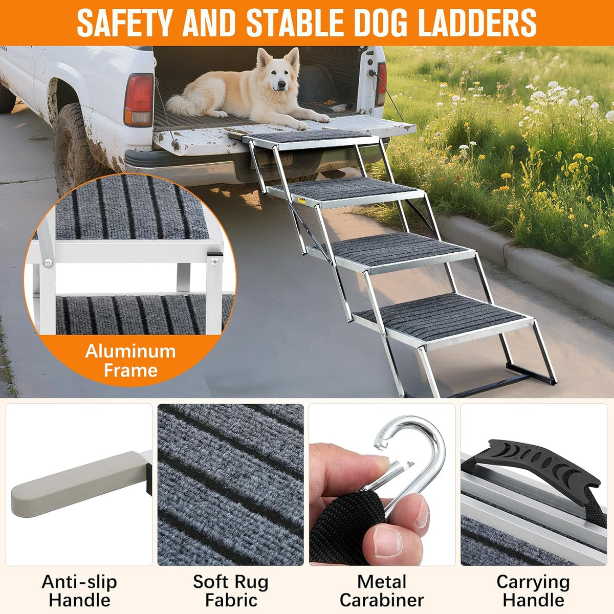 20" Extra Wide Dog Ramp, 4-Step Foldable Pet Stairs with Non-Slip Carpet - Lightweight Aluminum for