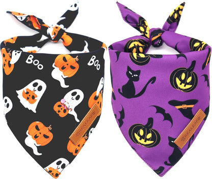 Realeaf Halloween Dog Bandanas 2 Pack, Reversible Orange Pumpkin Pet Scarf for Boy and Girl