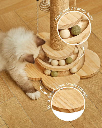 Cat Scratching Post, 4 in 1 Wooden Cat Scratcher Toy, 17.7" Tall Scratch Post with 2 Level Cat