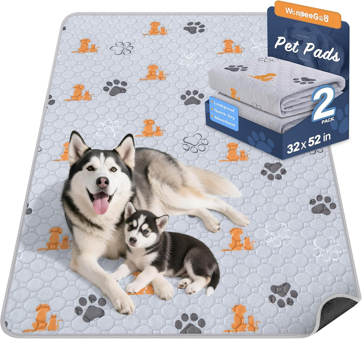 Washable Pee Pads for Dogs, 2 Pack Absorbent Reusable Training Dog Pads Pet Puppy Pads, Non-Slip