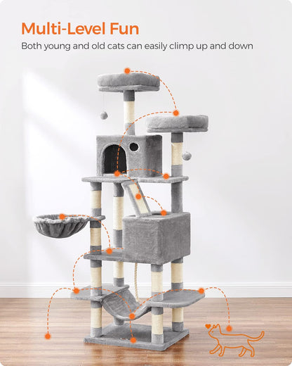 Feandrea Cat Tree, 66.1-Inch Large Cat Tower with 13 Scratching Posts, 2 Perches, 2 Caves, Basket