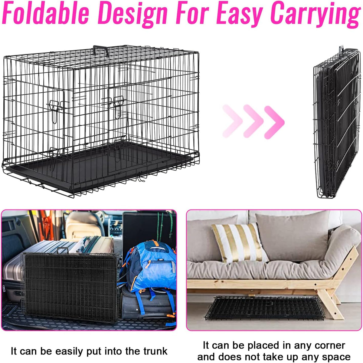FDW Dog Crate for Large Dogs 48 Inch Folding Metal WirePet Cage Double Door W/Divider Panel Indoor