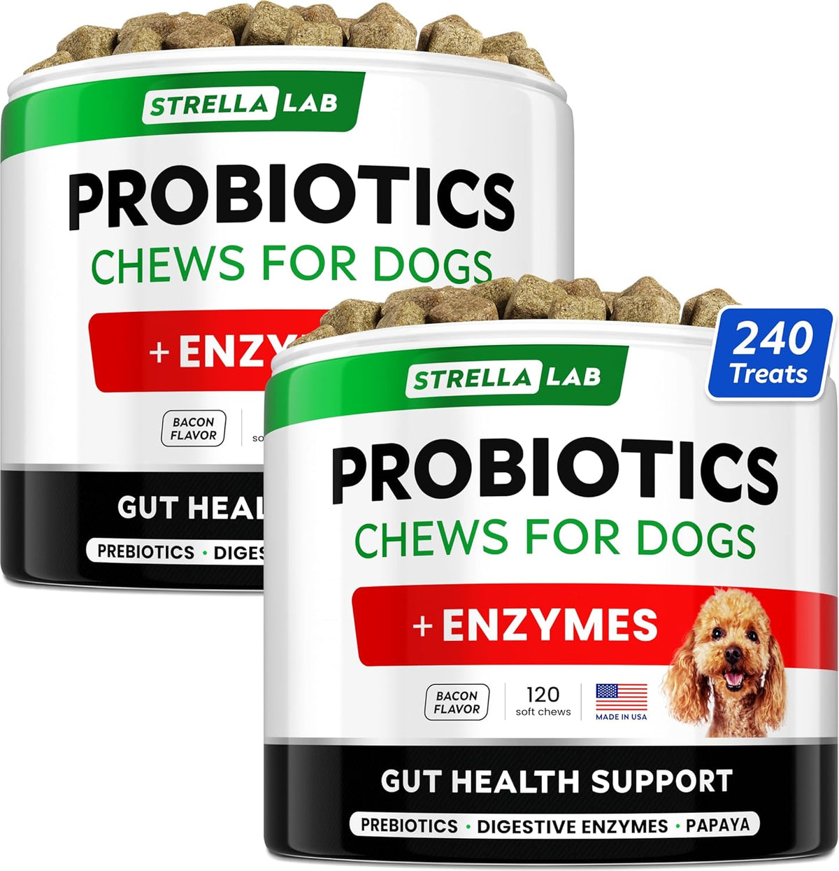 StrellaLab Dog Probiotics Treats for Picky Eaters - Digestive Enzymes + Prebiotics - Chewable Fiber