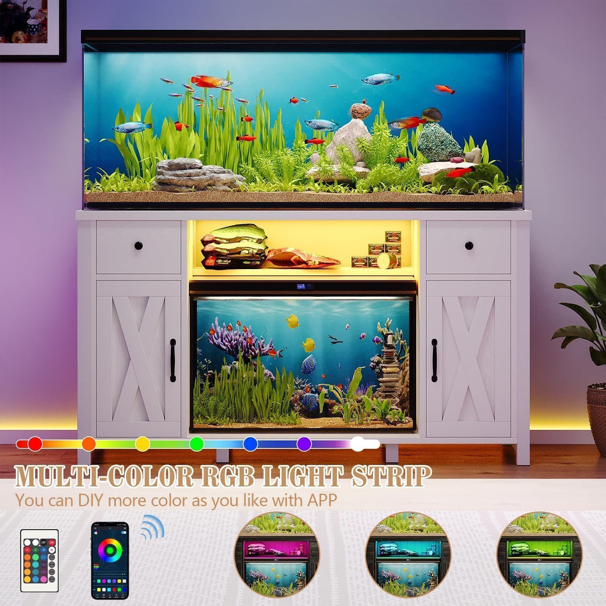 75 Gallon Fish Tank Stand with LED Light & Power Outlets, 55-75 Gallon Aquarium Stand with 2