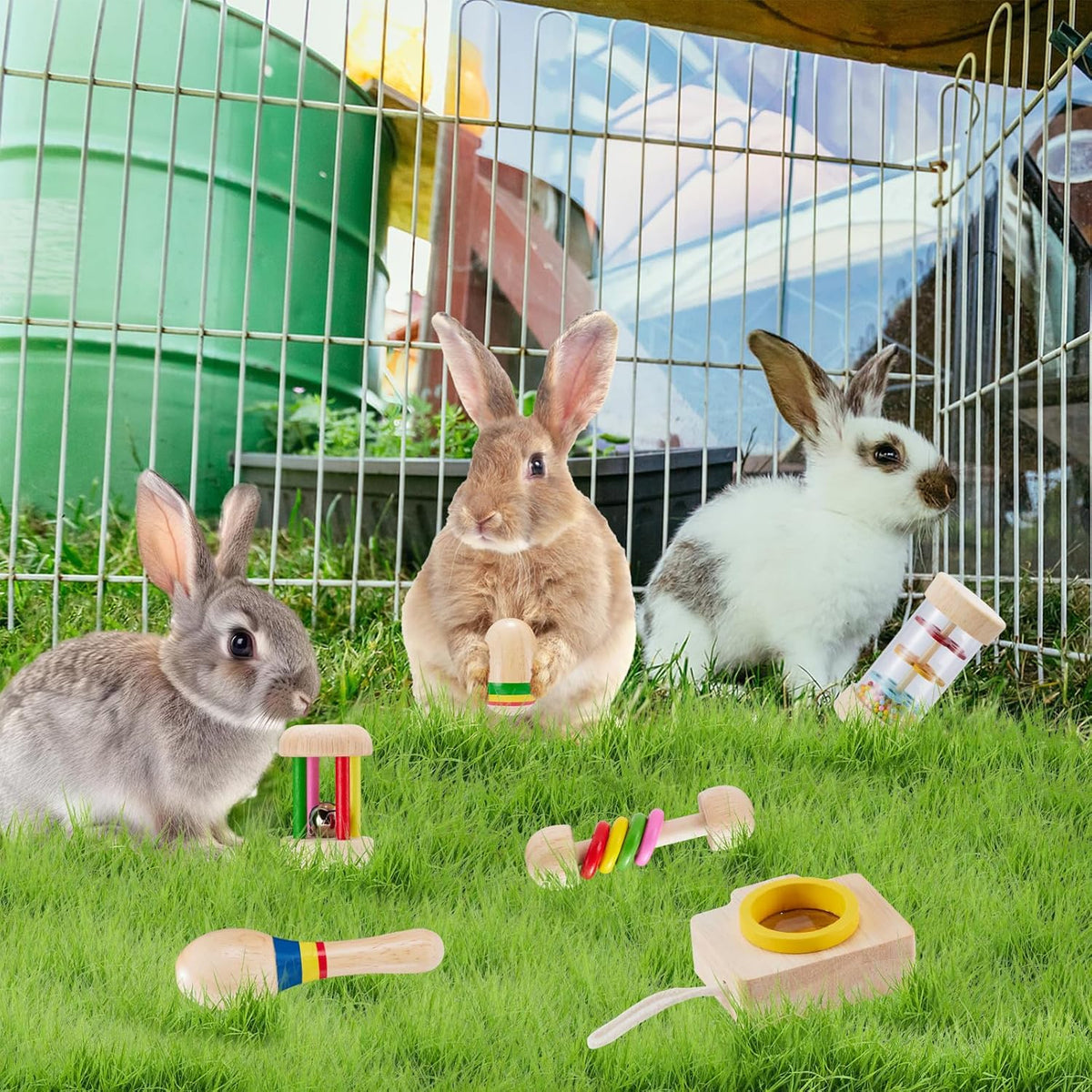 6 Pcs Wooden Bunny Toys - Safe Rabbit & Guinea Pigs Teeth Grinding Toys for Chinchillas, Hamsters &