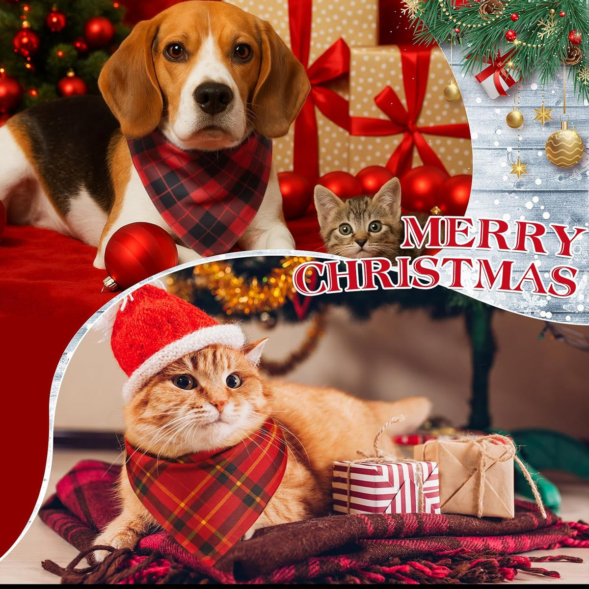 Weewooday 50 Pcs Christmas Dog Bandanas Bulk Xmas Red Buffalo Plaid Bandanas for Dogs Soft Bibs