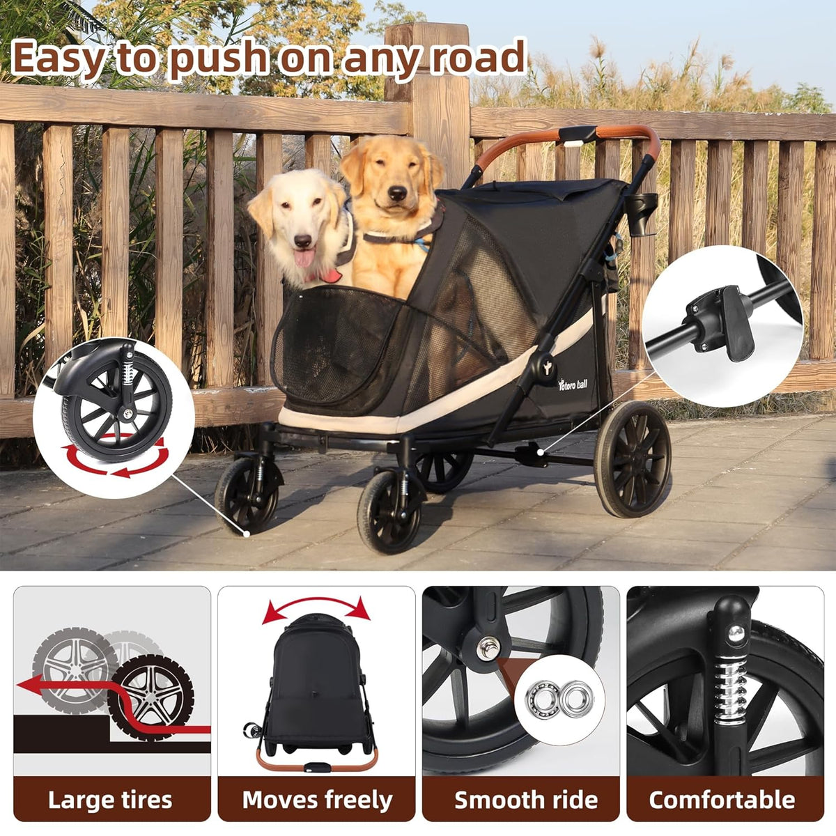 Dog Stroller for Large Dogs One-Click Folding 4 Wheel Foldable Dog Stroller for 2 Dogs with Storage