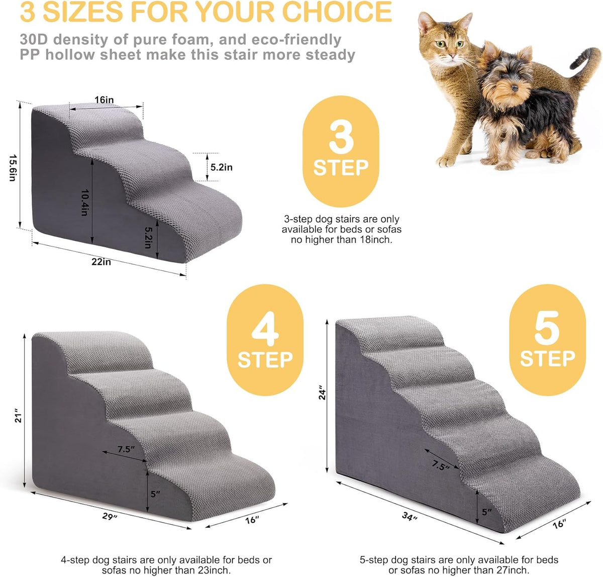 Dog Stairs for Bed and Couch, Non-Slip 5-Step Pet Stairs, 24" High Sofa Foam Dog Ramp - Best for