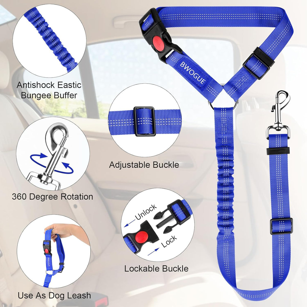 BWOGUE Pet Dog Cat Seat Belts, Car Headrest Restraint Adjustable Safety Leads Vehicle Seatbelt