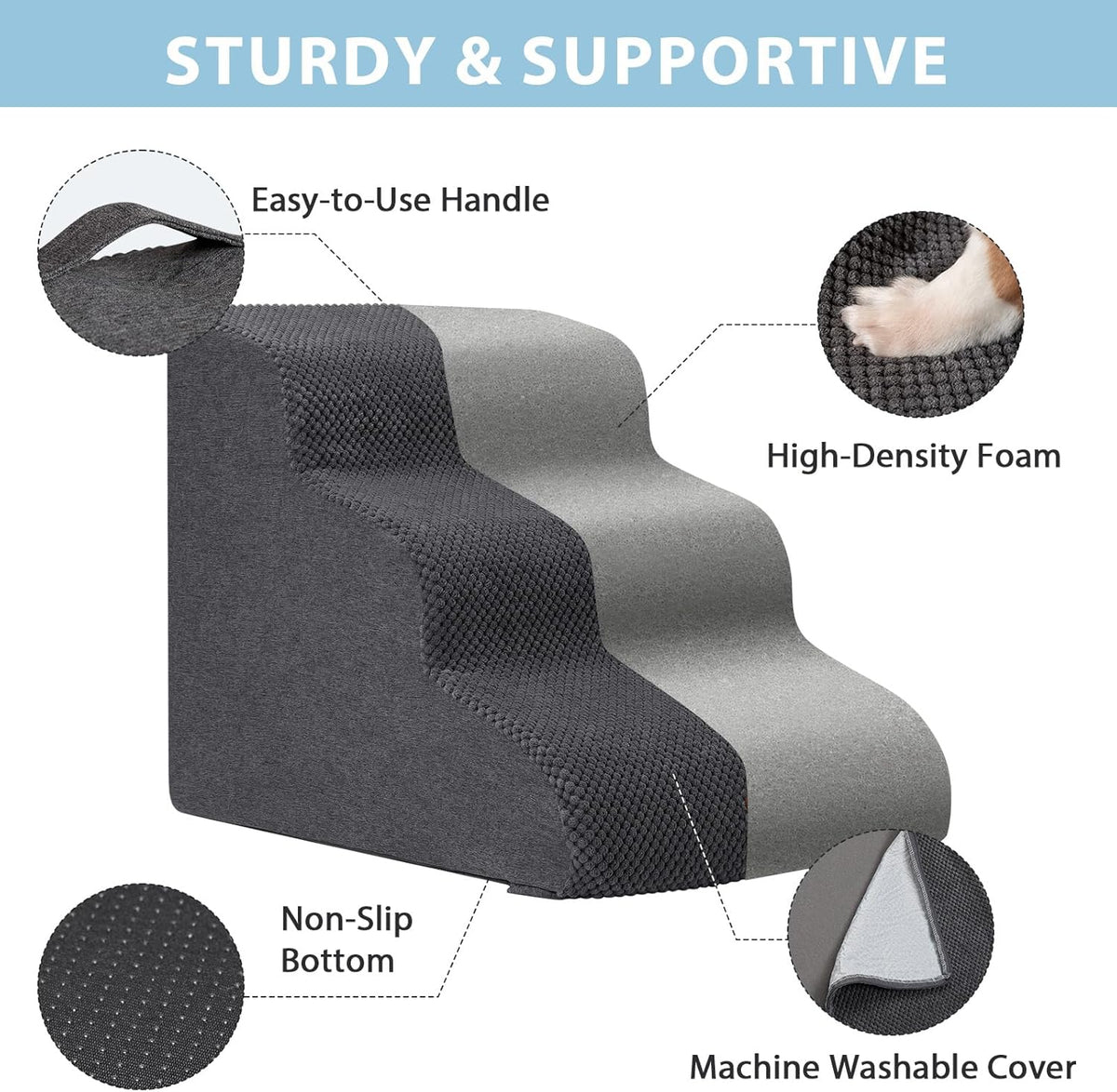 Dog Stairs for Couch Sofa and Chair, 3-Step Dog Steps for Small Dogs and Cats, Non-Slip Indoor Pet