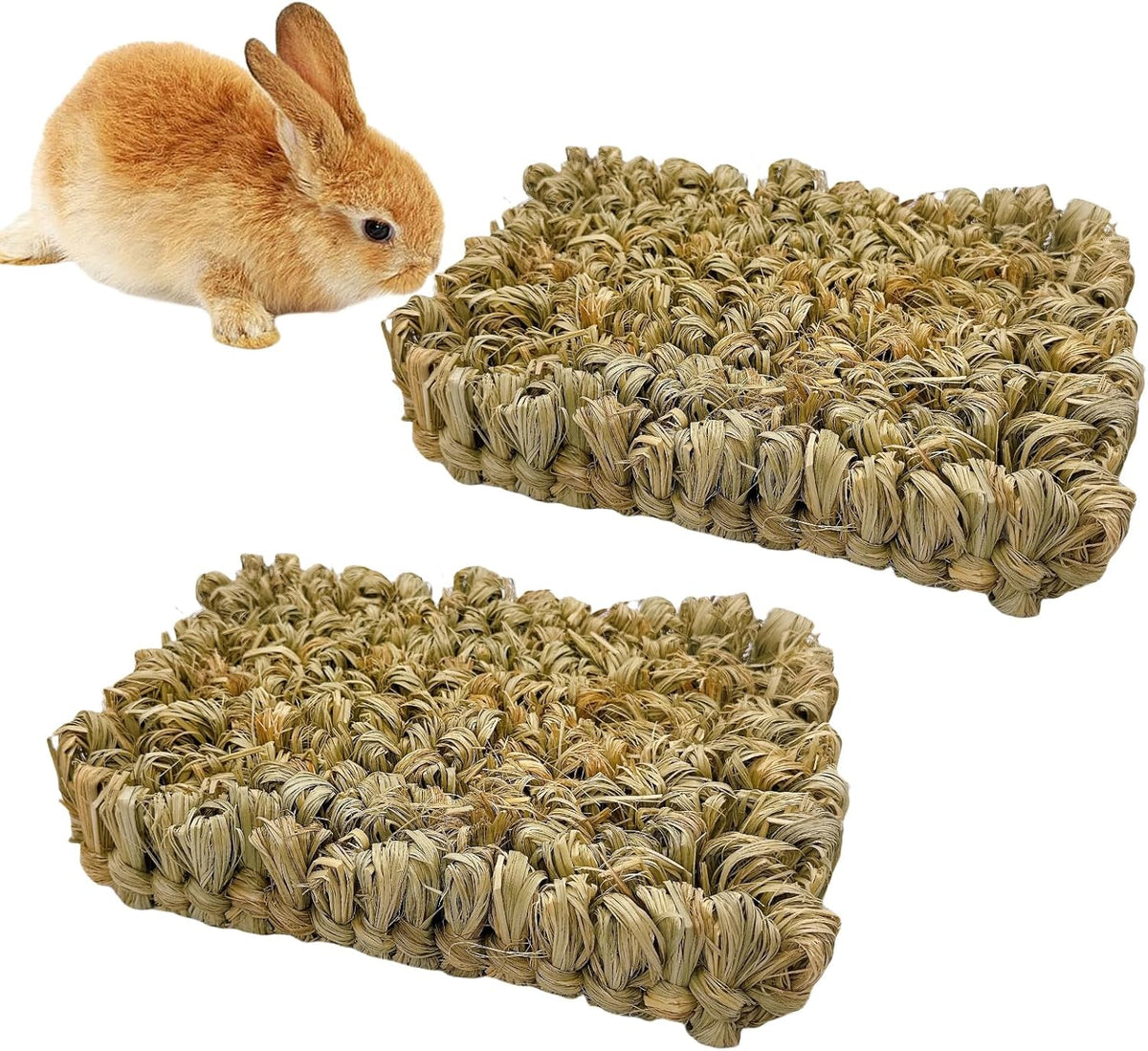 Hamiledyi Rabbit Grass Bed 2PCS Guinea Pig Hay Mat Bunny Natural Straw Woven Bed Rabbit Handmade