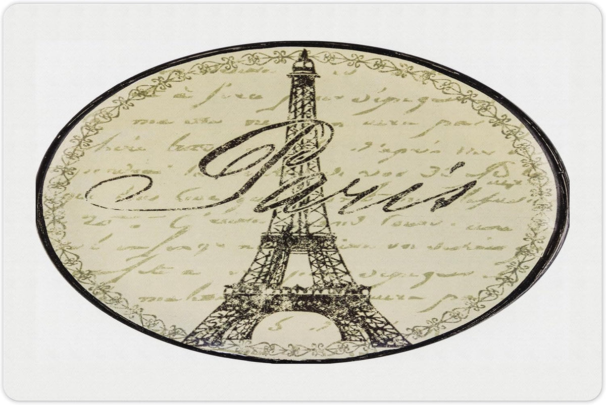 Lunarable Paris Pet Mat for Food and Water, Vintage Wall Sign with Paris Theme Famous Landmark