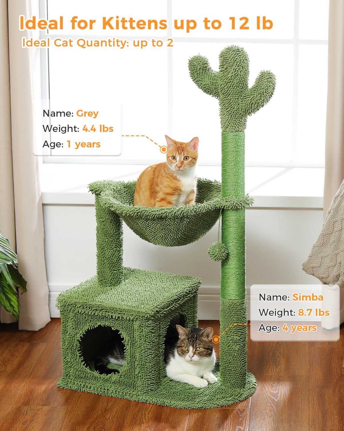 Cactus Cat Tree 40" Cat Tower with Large Metal Carpet Hammock, Cat Scratching Post for Indoor Cats