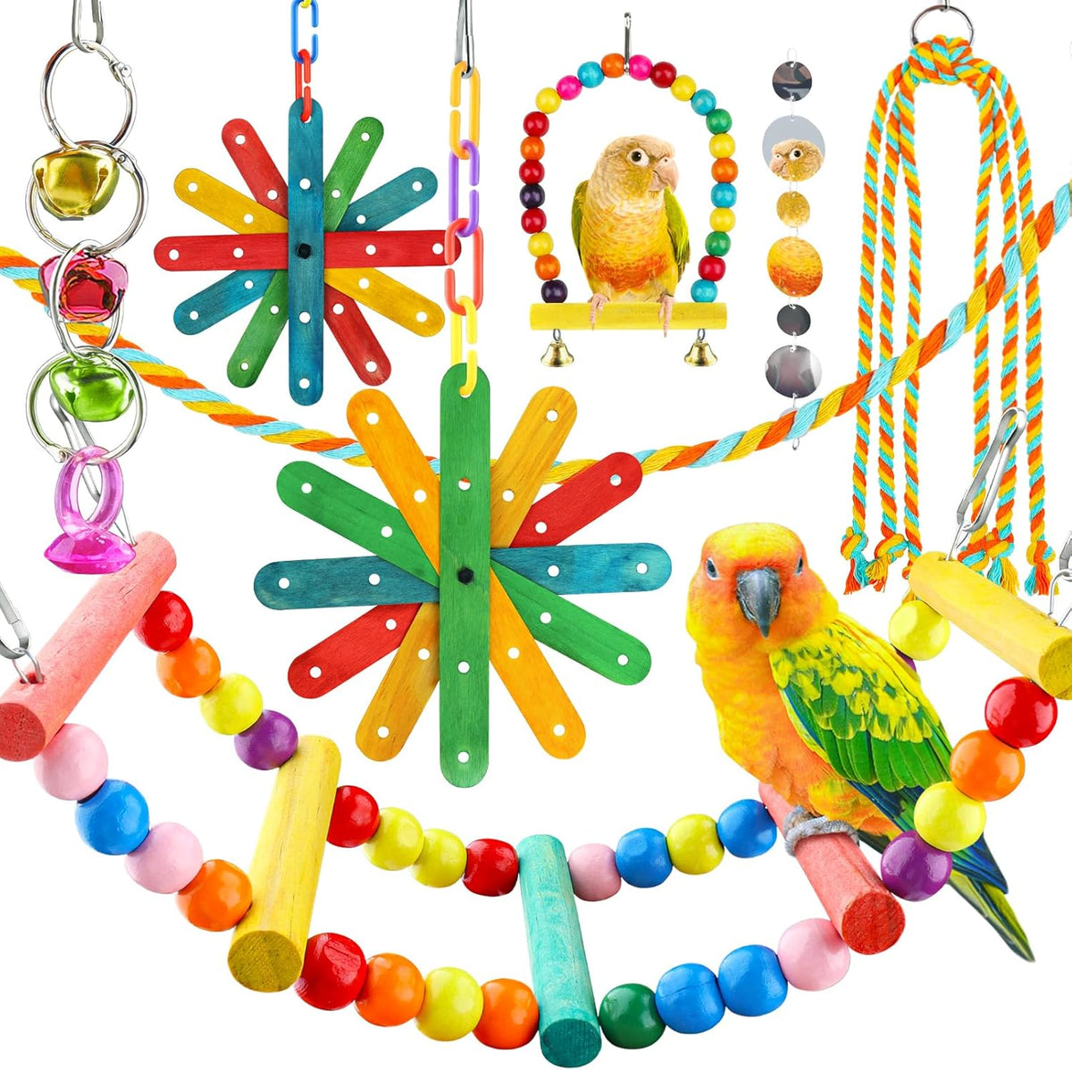 8 pcs Bird Toys for Parakeets with Colorful Ladder Hammock Bird Cage Accessories Bird Perch Stand