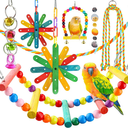 8 pcs Bird Toys for Parakeets with Colorful Ladder Hammock Bird Cage Accessories Bird Perch Stand