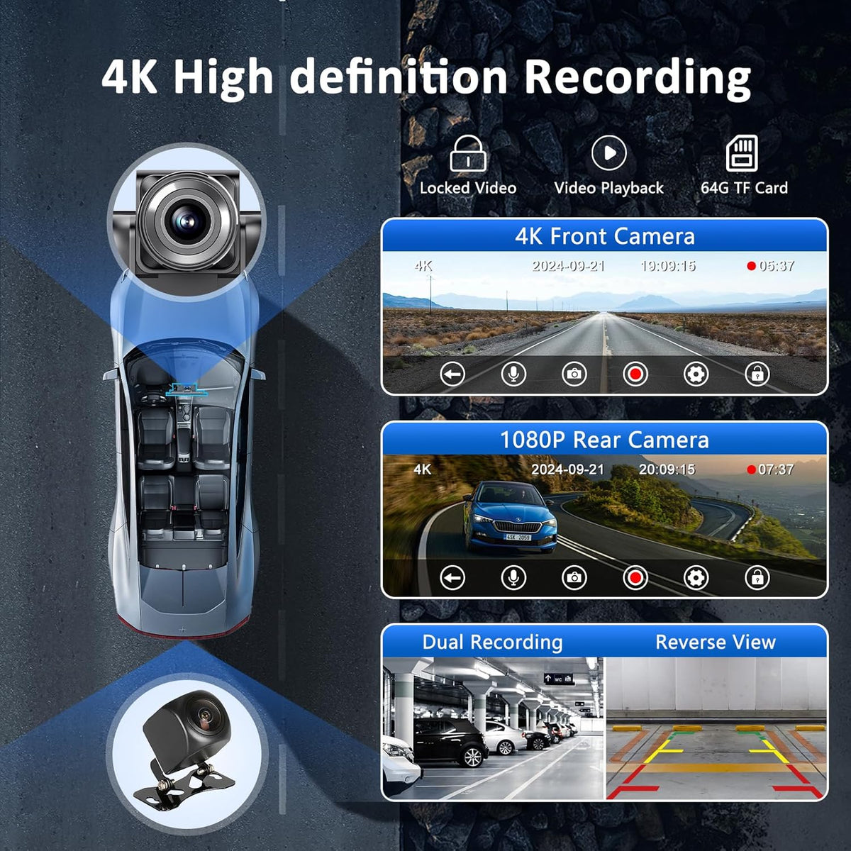 Apple carplay & Android Auto,Wireless Double din 10.26 inch Dash Cam with Front Camera and Backup