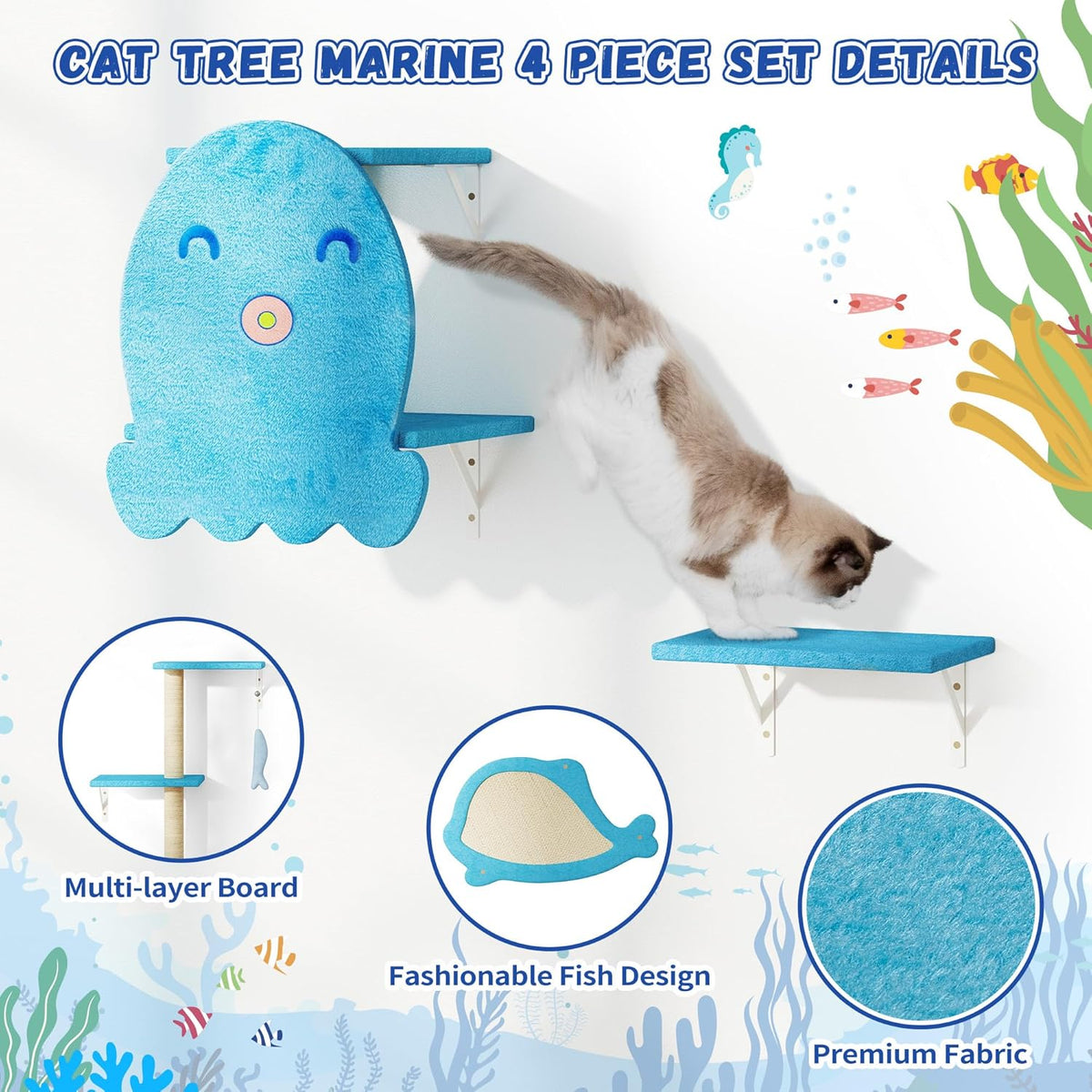 COZIWOW 4-Piece Wall-Mounted Cat Tree Set – Sturdy Wood Pet House, Scratching Board, Platforms