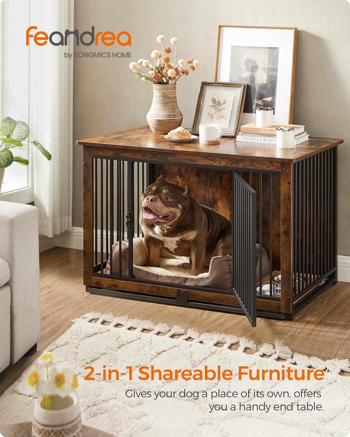 Feandrea Dog Crate Furniture, 38 Inches Dog Kennel for Dogs up to 70 lb, with Removable Tray