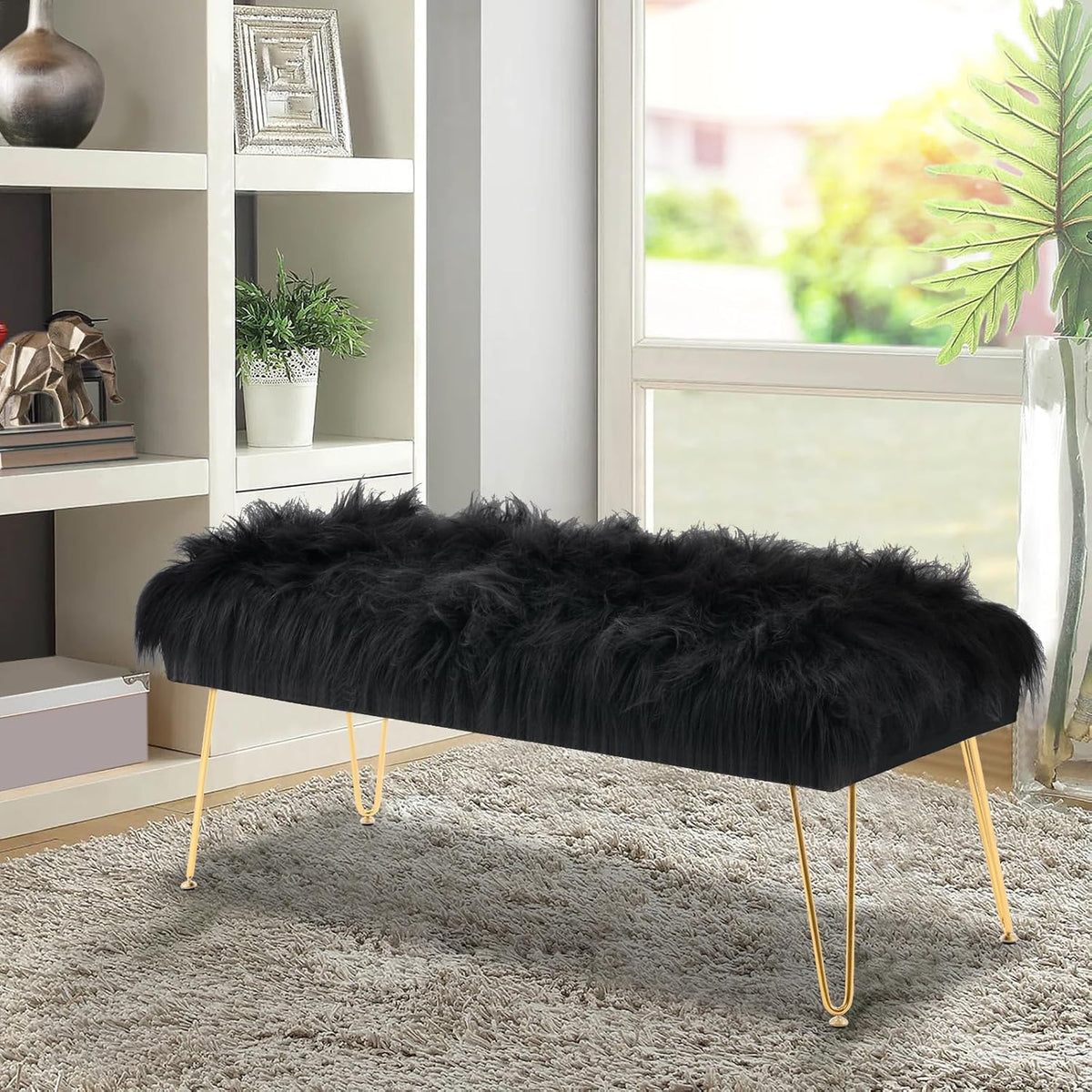 42.5 Inch Black Bedroom Bench, Benches for Bedroom White Faux Fur Upholstered Bed end Bench