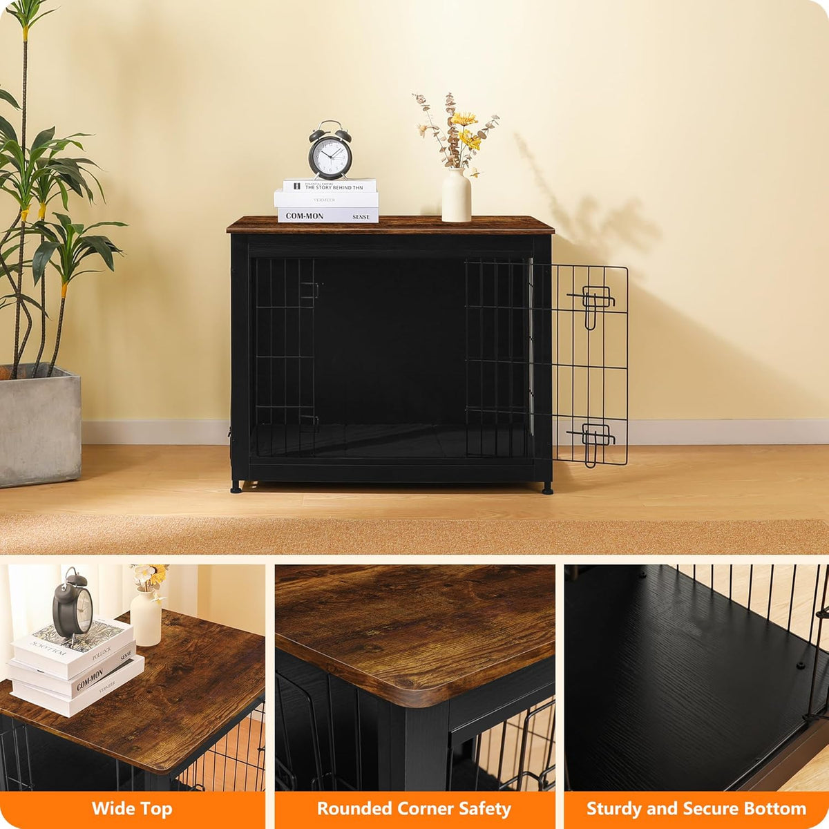 DWANTON Dog Crate Furniture with Cushion, Wooden Kennel Table with Double Doors, Indoor Dog House