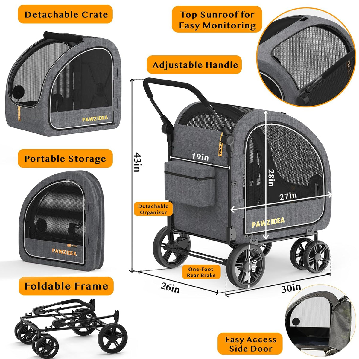 PAWZIDEA Dog Stroller for Large Dogs, Pet Stroller with Detachable Carrier for Portable Dog Crate