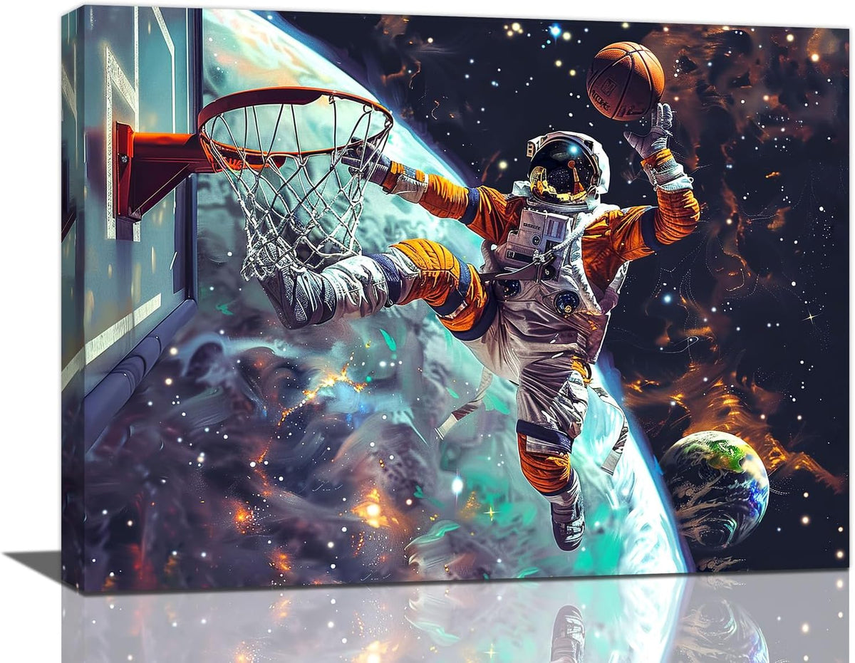 Quorin Astronaut Wall Art Funny Spaceman Basketball Pictures Space Galaxy Planet Wall Decor Canvas