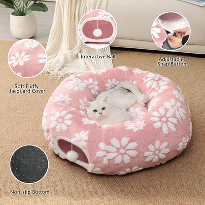 Cat Tunnel for Indoor Cats, Cute Peekaboo Cat Cave with Dangling Balls, Pet Donut Tunnel Bed with