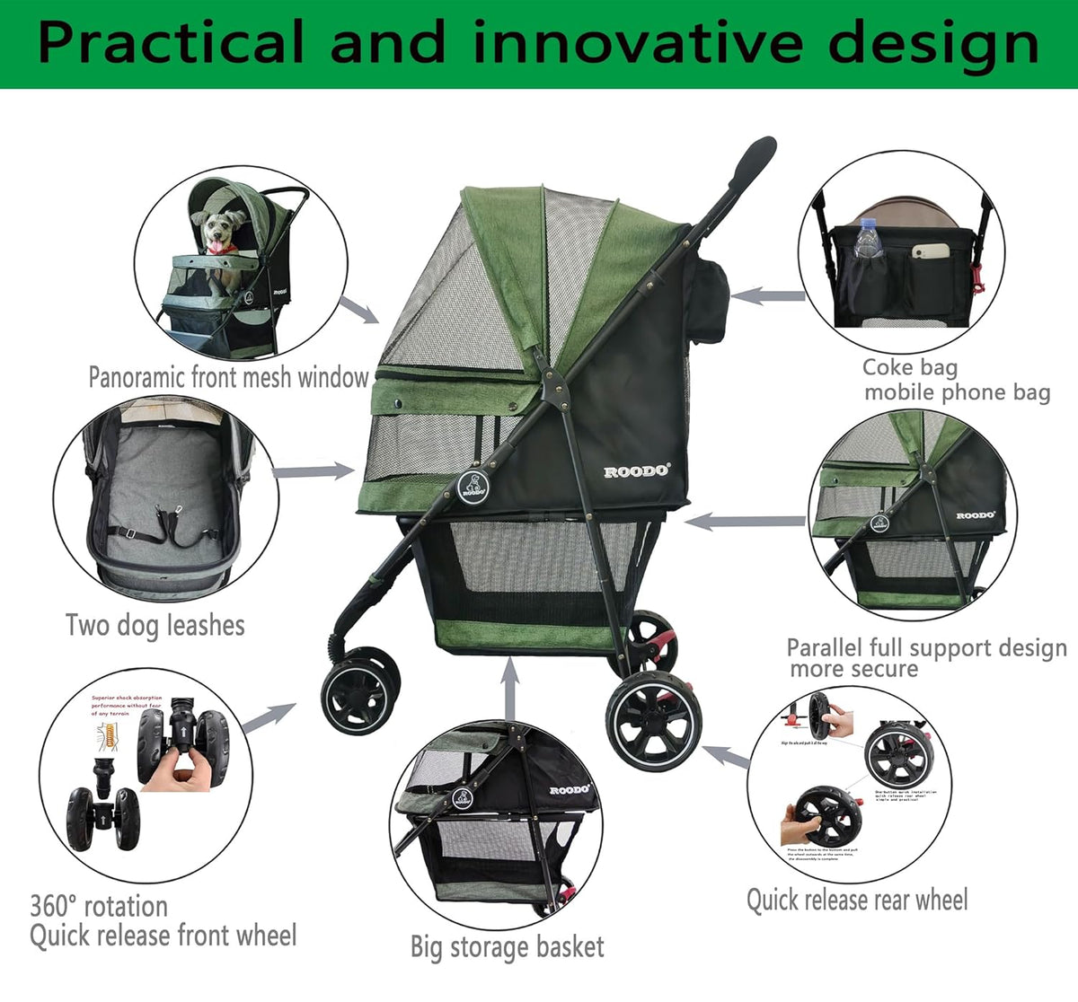 ROODO 3 Wheel Pet Stroller Best Lightweight Foldable Compact Portable Jogger All Terrain Travel Pet