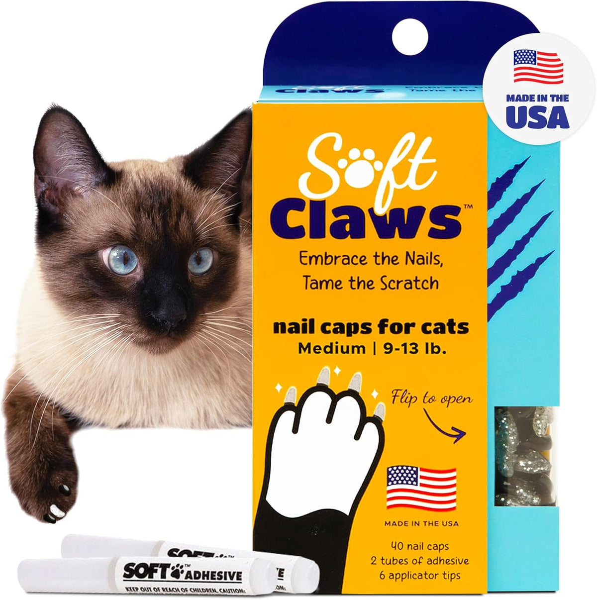 Soft Claws Cat Nail Caps for Medium Cats – (40 Caps, Blue & Gold) - Made in USA