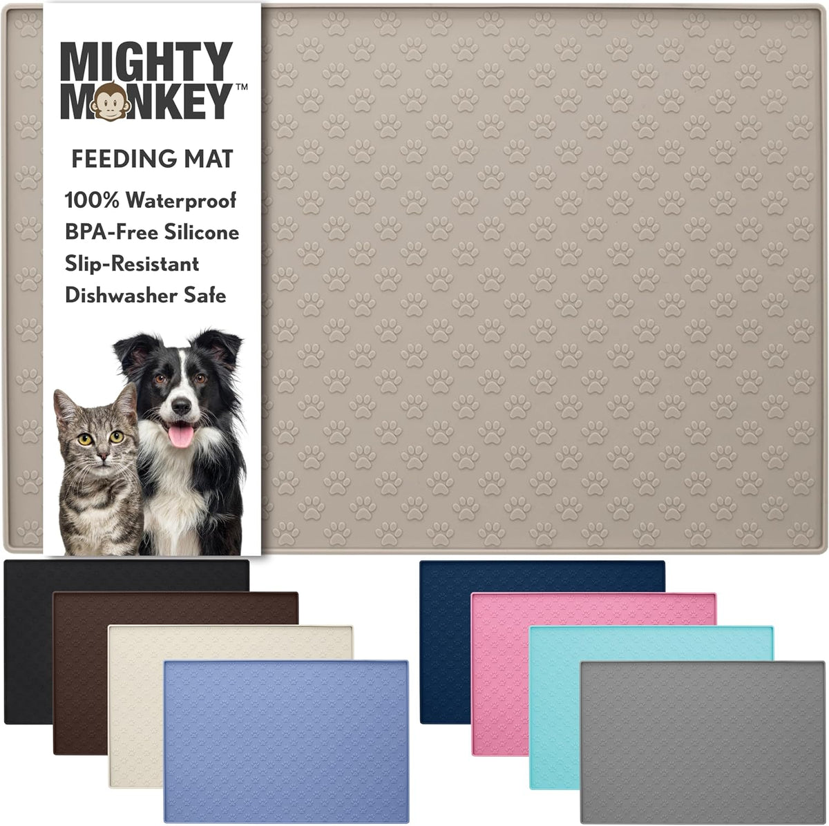 MIGHTY MONKEY 100% Waterproof Dog Food Mat, Raised Edges Silicone Pet Feeding Placemat for Cat