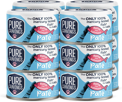 Tuna and Salmon Pate, Canned Wet Cat Food, 100% Mercury-Tested, Moist Can Fish, Grain-Free Protein